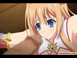 Roped busty anime coed sucking bigcock